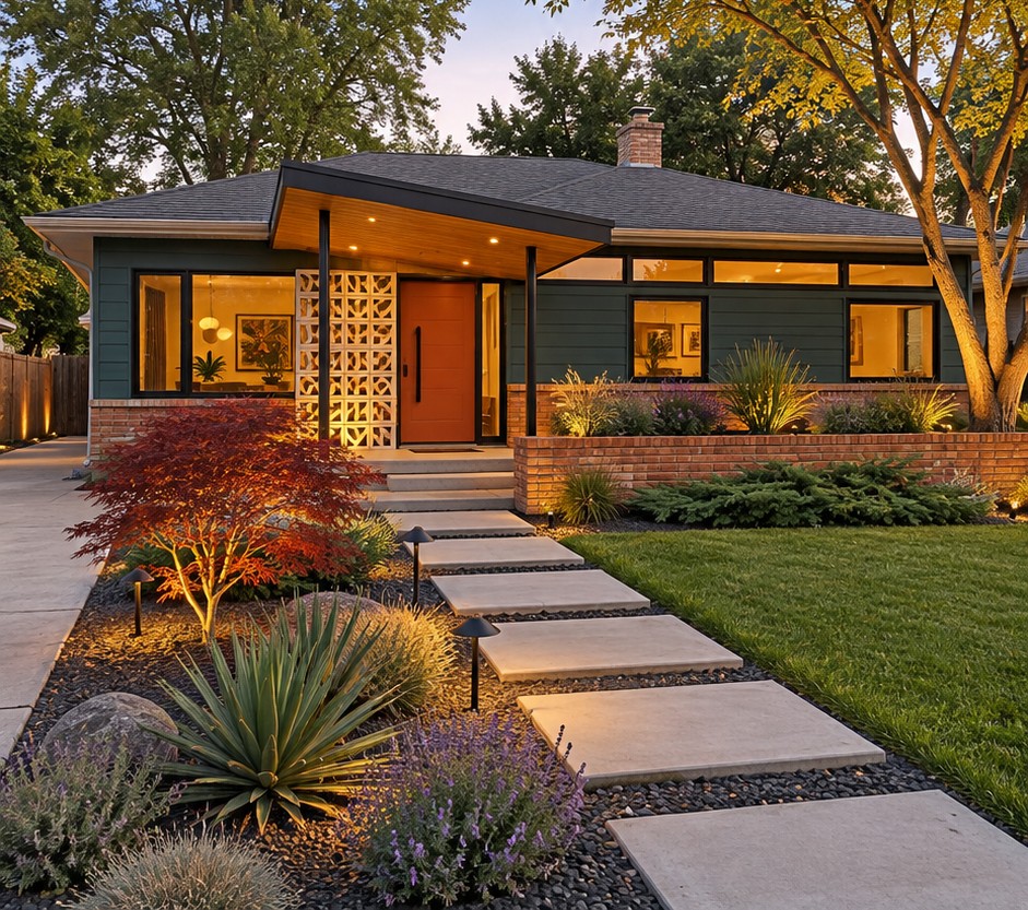 Architectural ranch concept with a broad dark canopy, warm wood entrance and layered garden planting