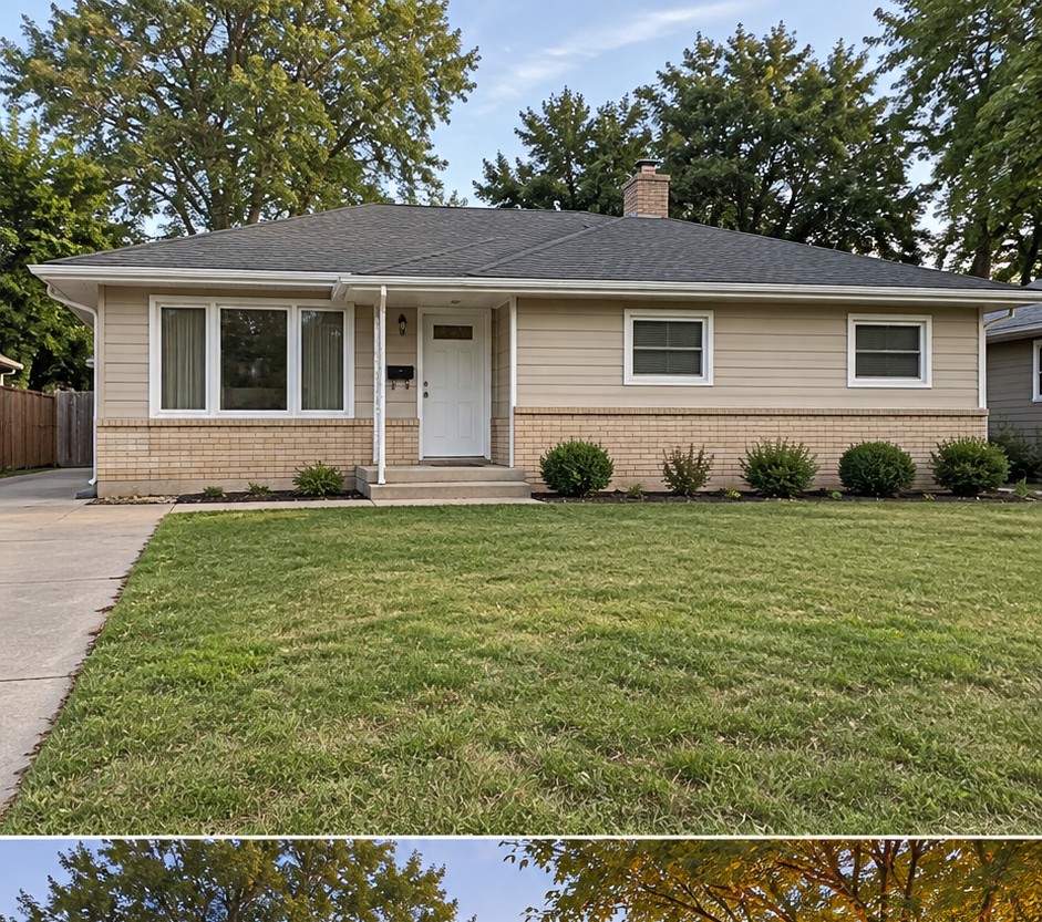 Beige one-story ranch with white windows, a small front entry and a plain lawn