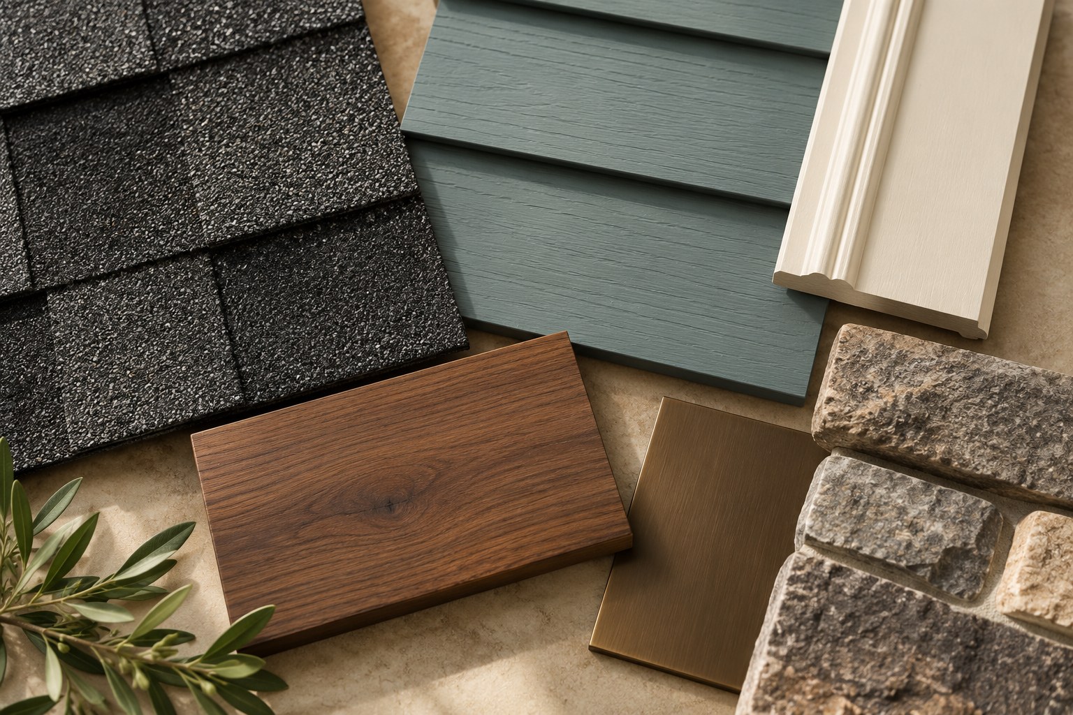 Coordinated charcoal roof, blue-green siding, cream trim, walnut, bronze, and gray-brown stone samples