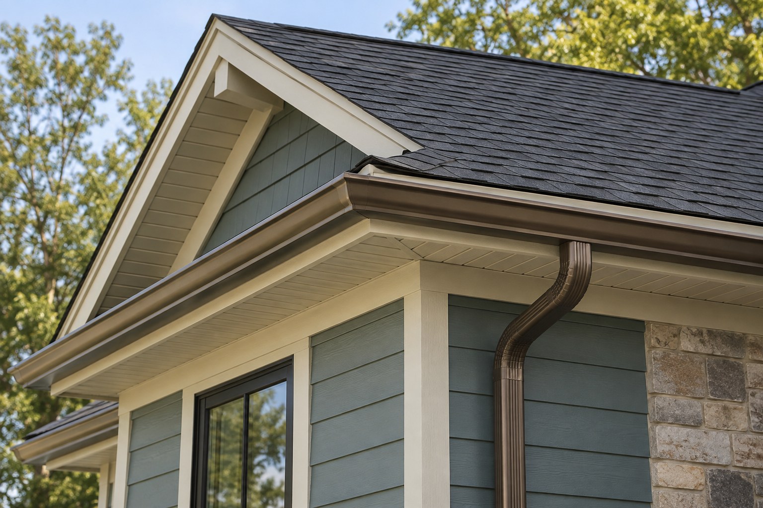 Charcoal shingles beside blue-green siding, cream fascia, and a bronze gutter