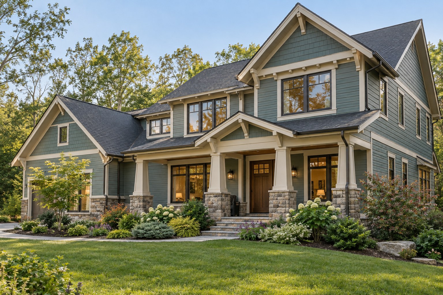 Craftsman-inspired home with a charcoal roof, mineral blue-green siding, cream trim, and a walnut entrance