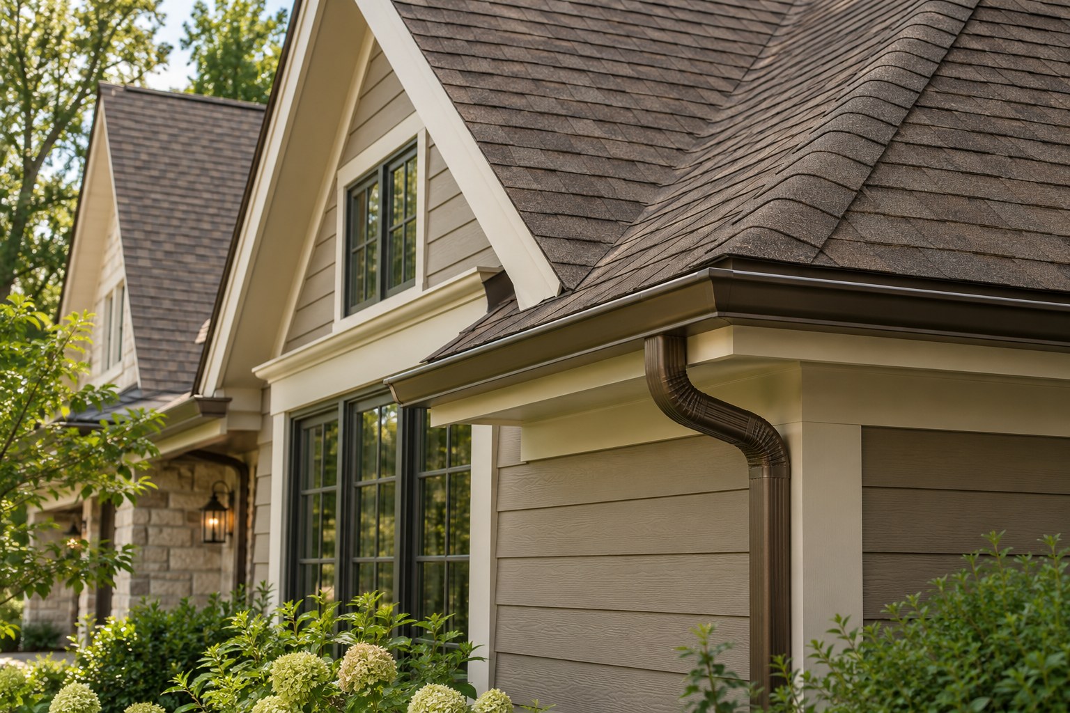 Brown shingles beside mushroom siding, creamy trim, and a bronze gutter