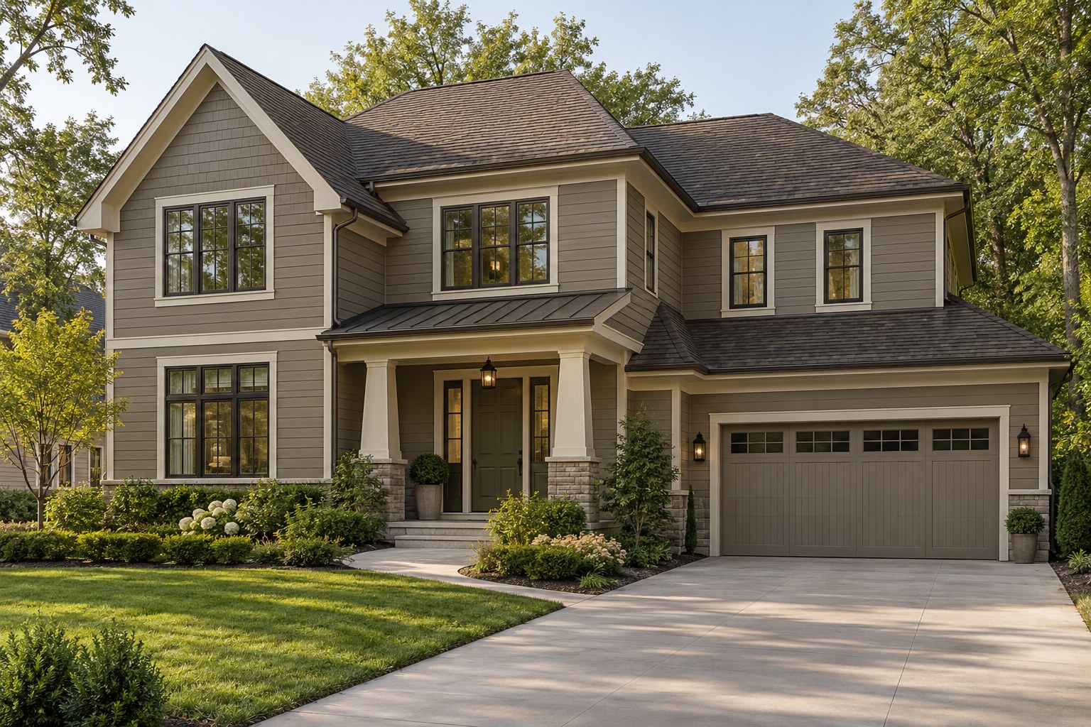 Transitional house with mushroom taupe siding, creamy trim, and a brown shingle roof
