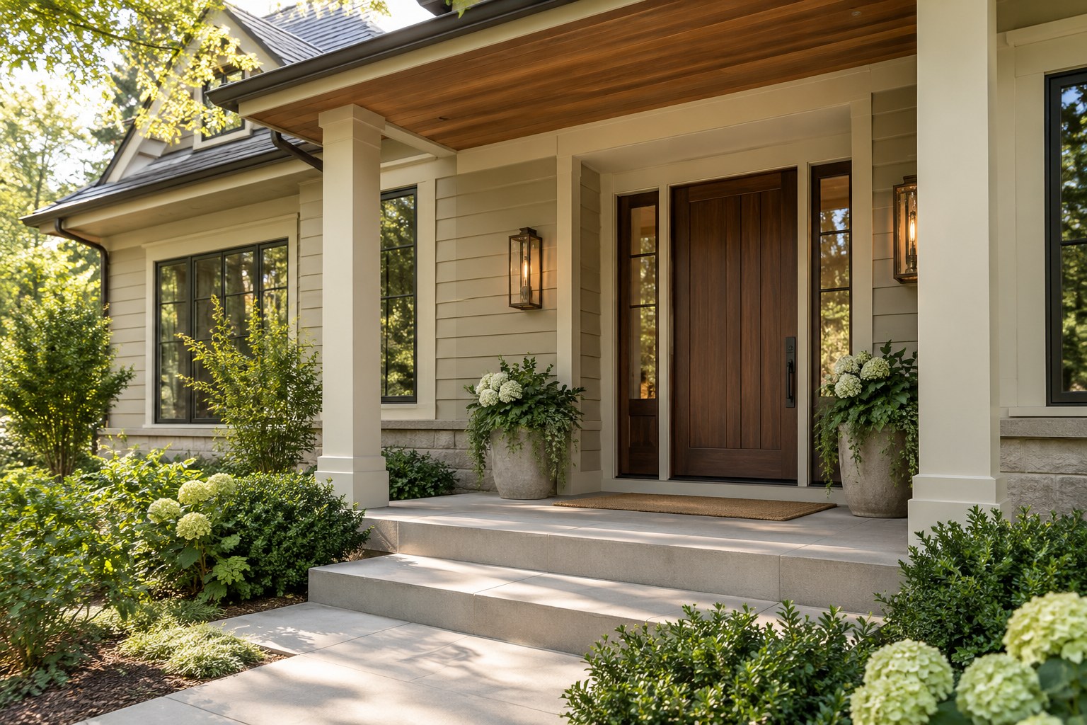 Warm transitional entry with mushroom siding, ivory trim, walnut door, bronze lights, and a wood soffit