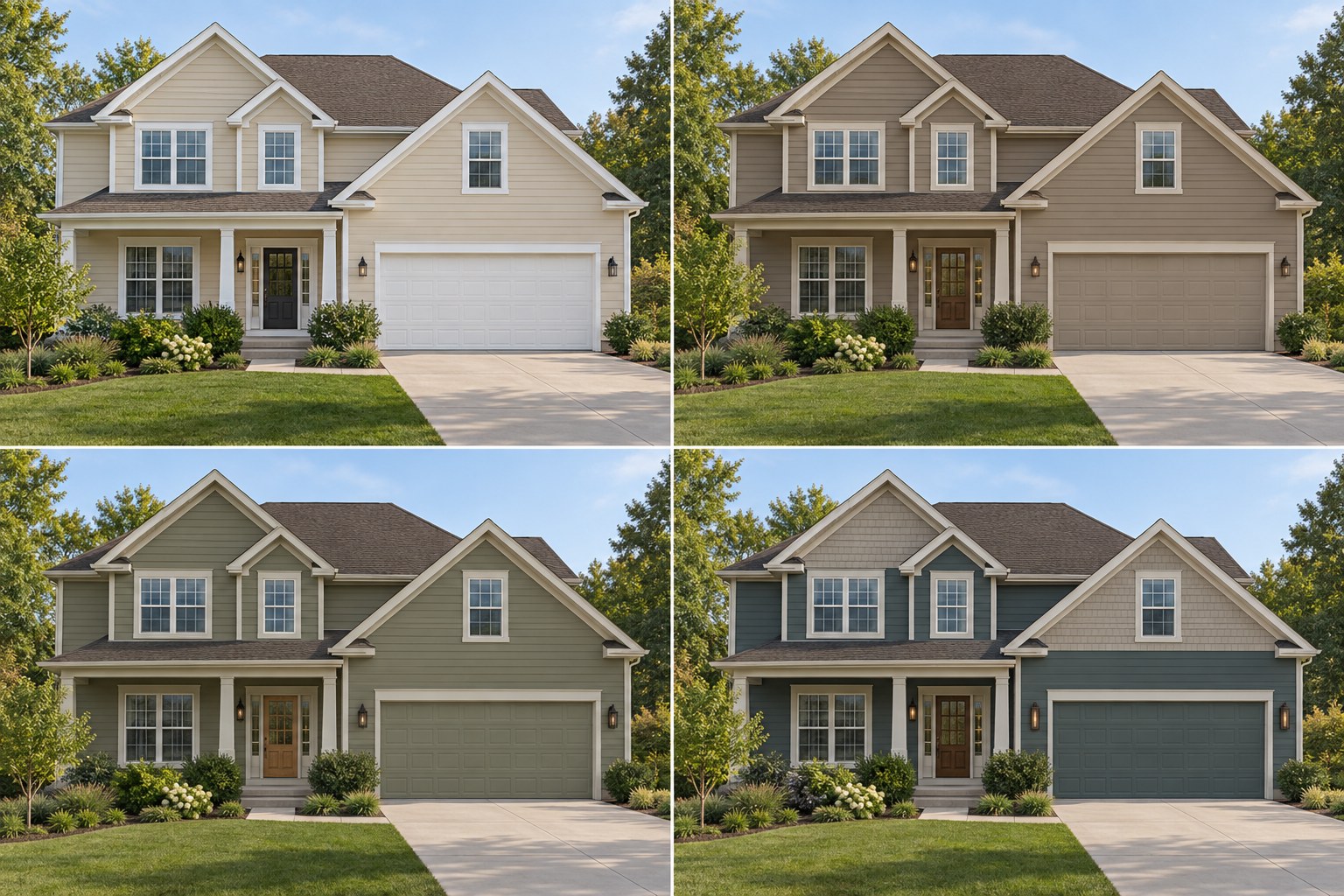 Four-panel study of the same suburban house: original beige, warm mushroom, muted sage, and deep blue-green design concepts