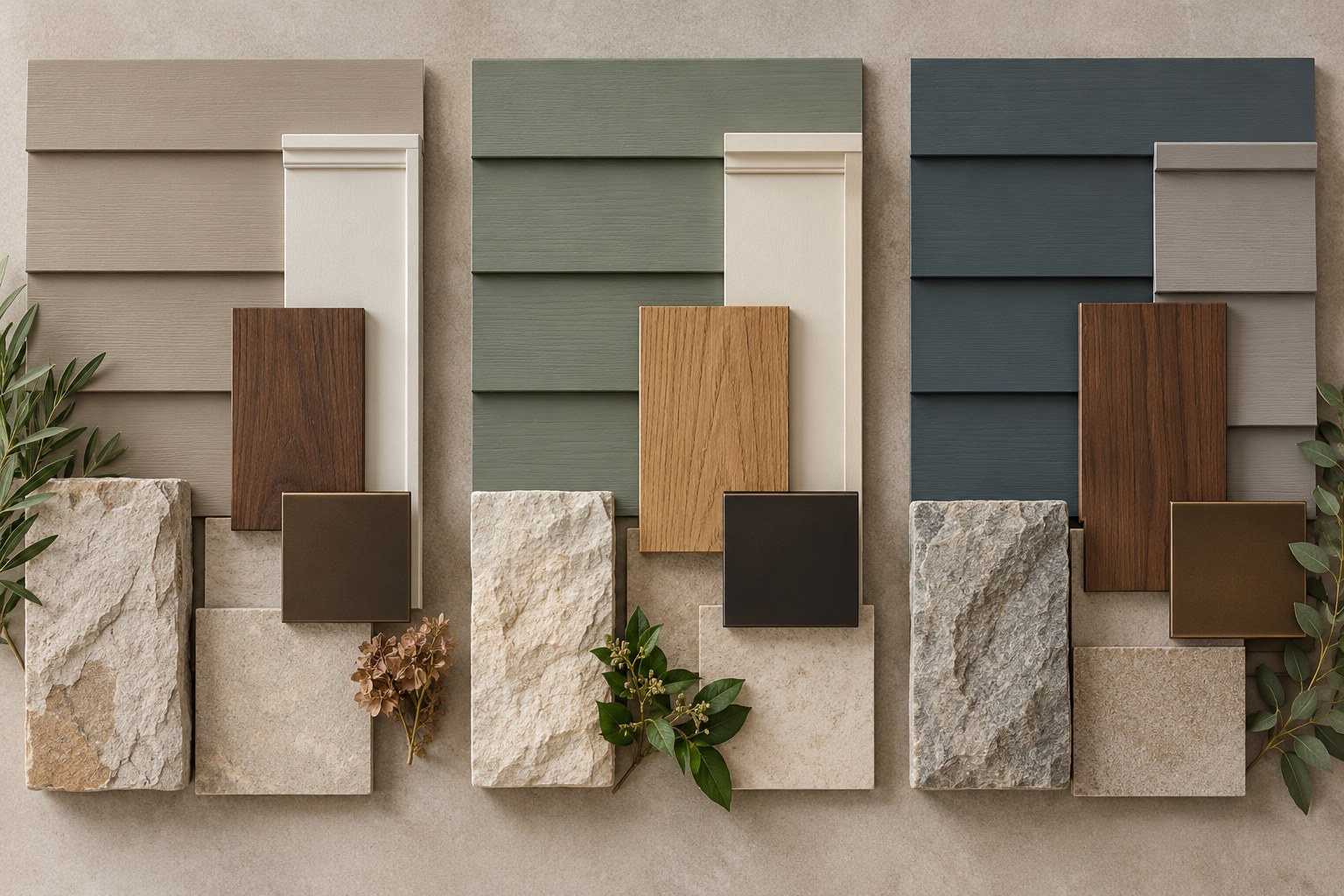 Three palette groups: mushroom with walnut, sage with oak, and deep blue-green with warm taupe