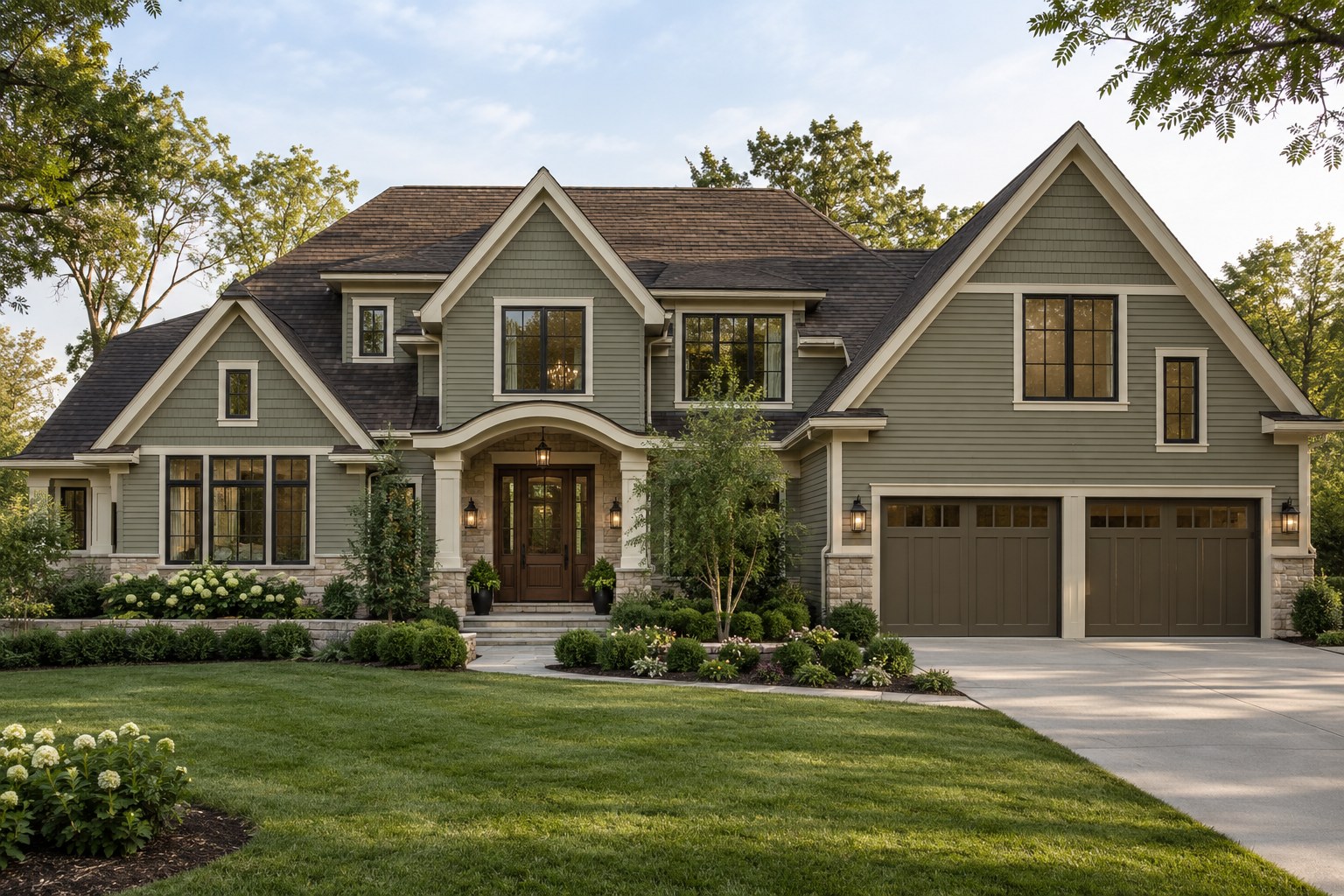 Mineral sage transitional home with ivory trim, a walnut door, and a brown charcoal roof