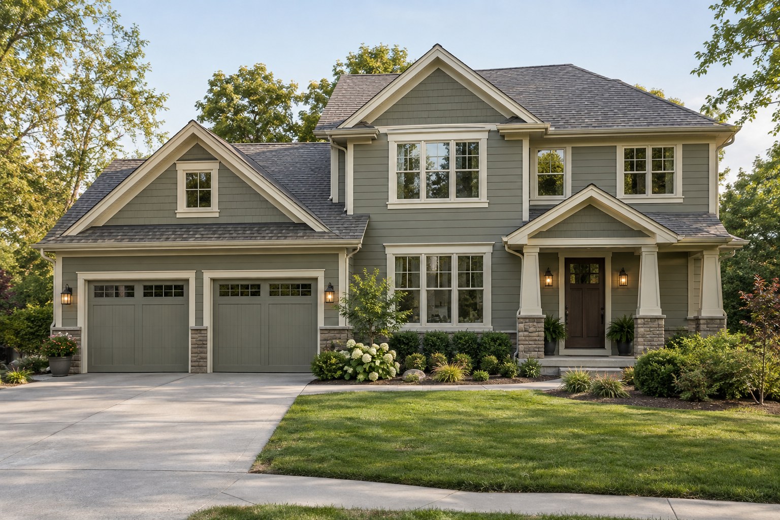 Sage-gray suburban home with garage doors that blend with the siding and a defined walnut front entrance
