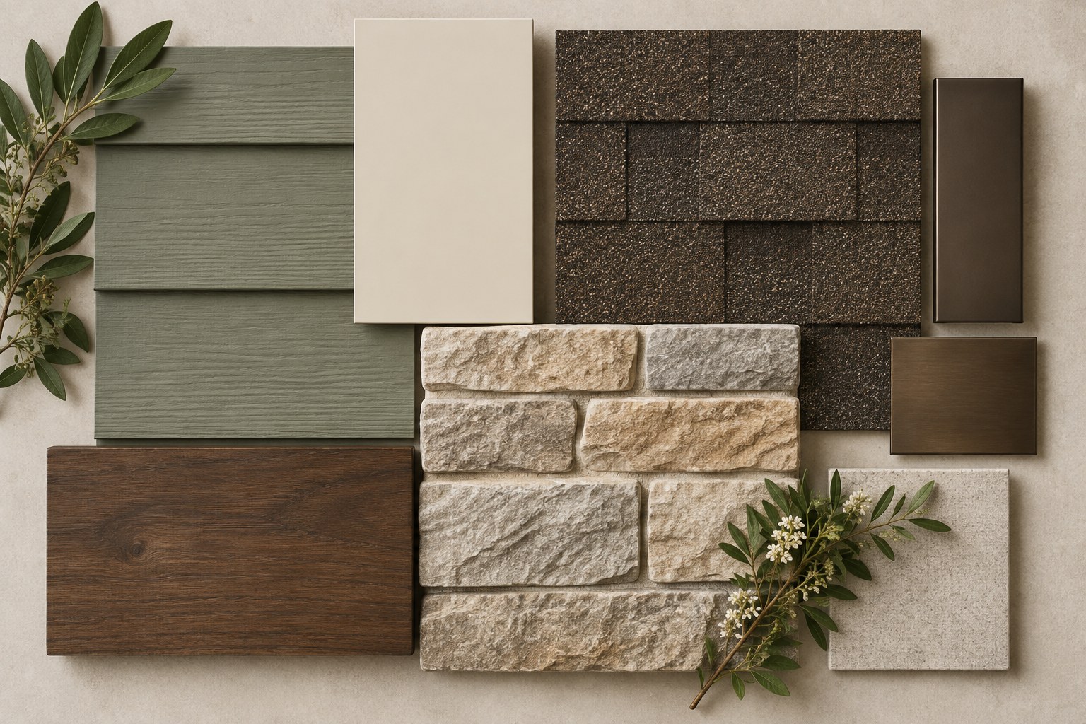 Architectural material samples including sage siding, ivory paint, brown shingle, stone, bronze, and walnut