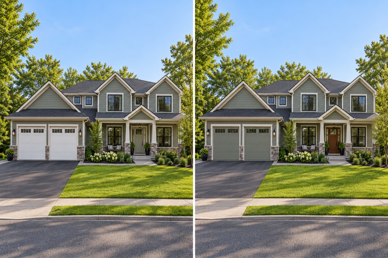 Same house comparison: bright white garage doors on the left and siding-matched sage-gray garage doors on the right