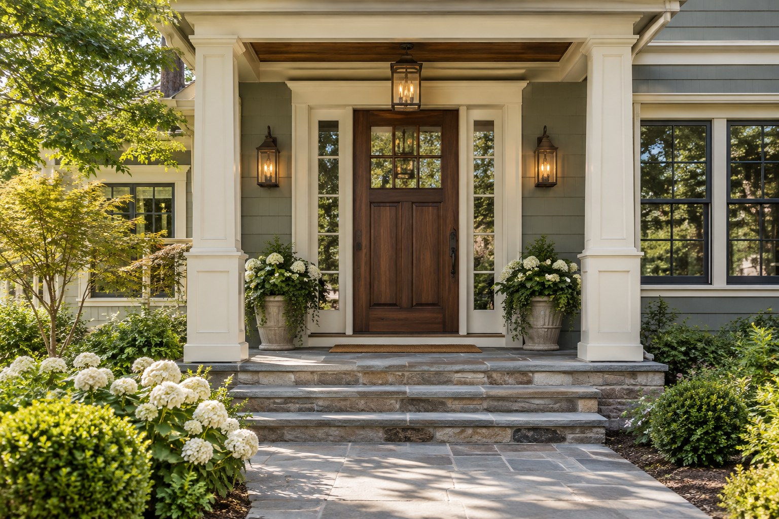 Walnut front door framed by cream trim, bronze lanterns, and sage-gray siding