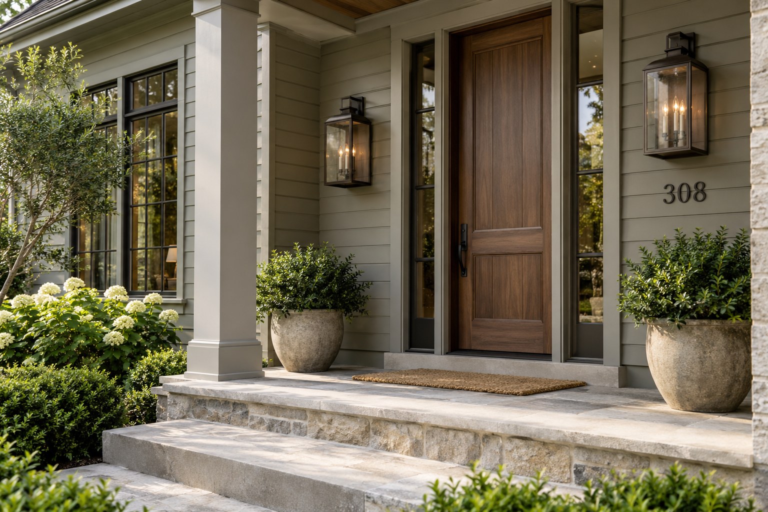 Updated porch with a walnut door, bronze lantern, understated numbers, and stone steps