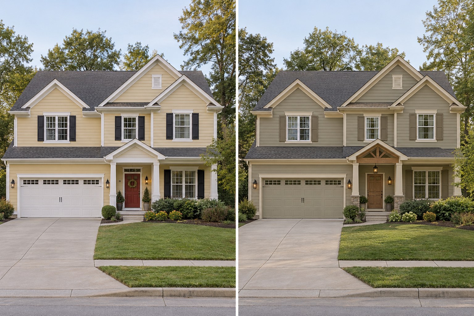 Before and design concept views of the same suburban house with coordinated colors and updated entry details