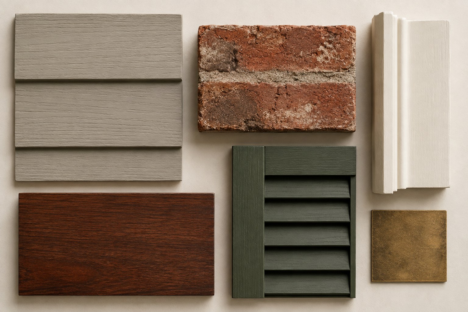 Red brick, putty clapboard, ivory trim, mahogany, olive shutter, and aged metal finish samples