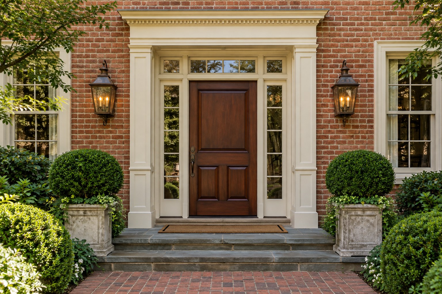 Traditional brick entrance with a substantial ivory door surround, mahogany door, and bronze lanterns