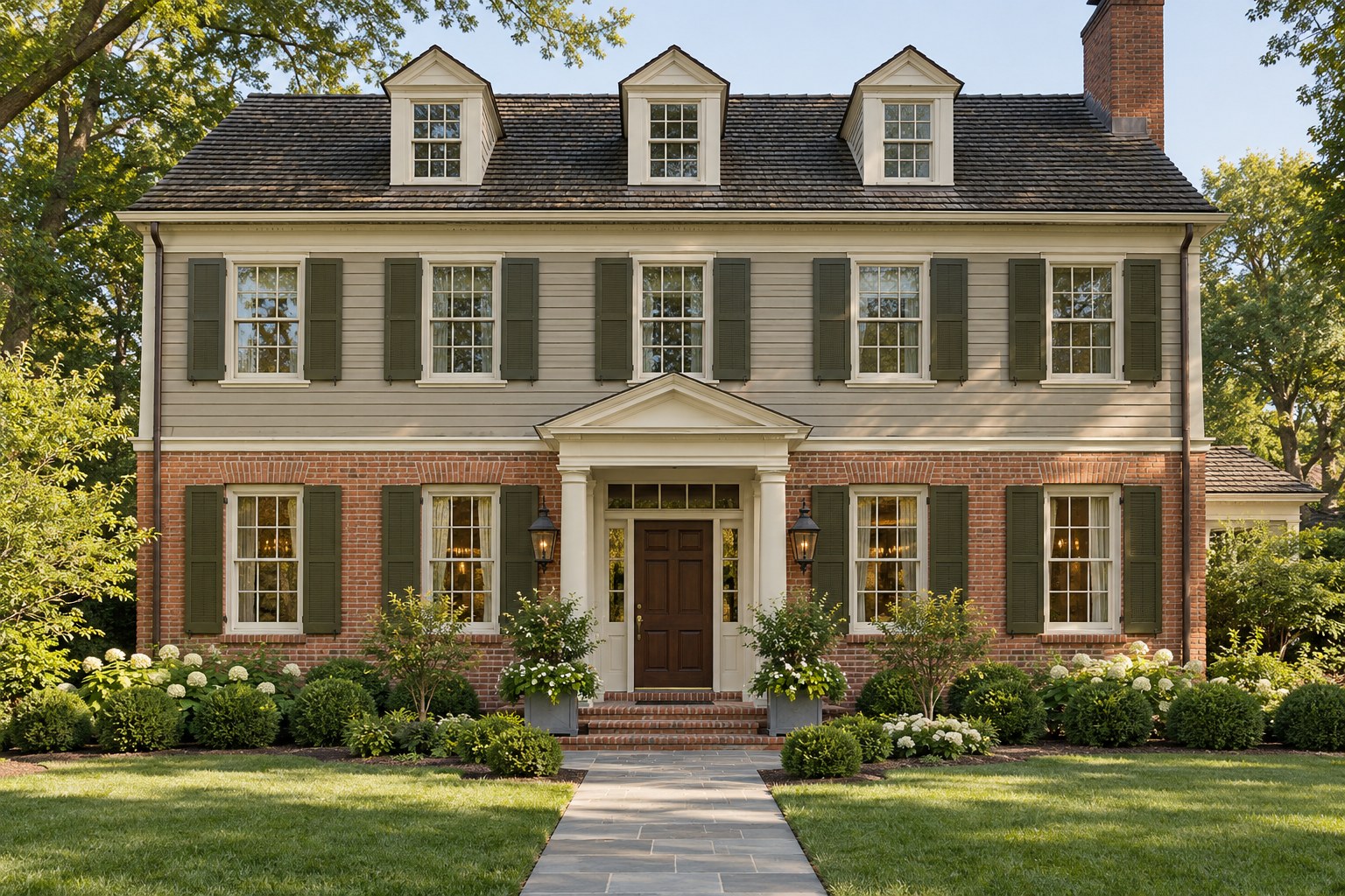 Colonial-inspired house with retained red brick, putty siding, ivory trim, olive shutters, and a mahogany door
