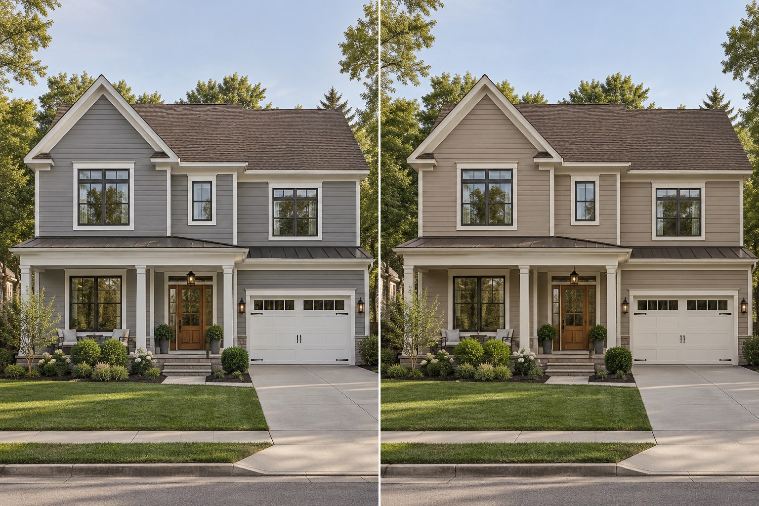 Identical house shown in cool gray and warm mushroom palettes beside a brown roof