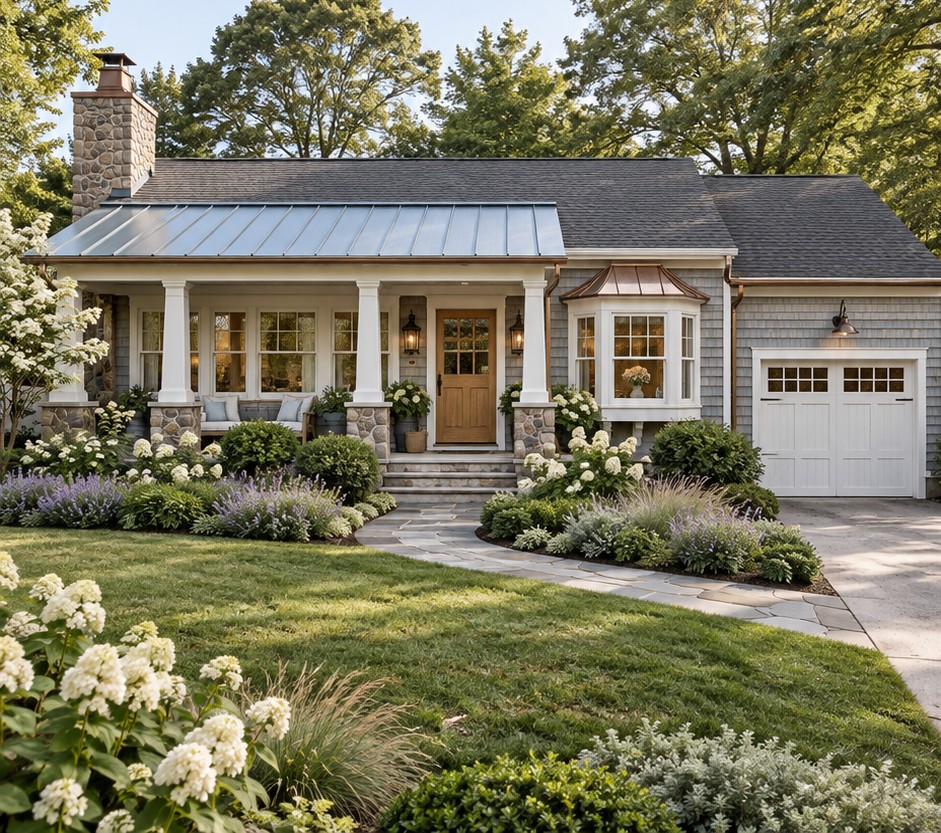 Classic ranch concept with a cream porch, wood entrance and layered white flowering plants