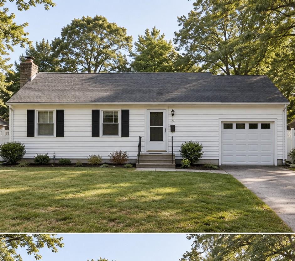 White ranch with dark shutters, a small front step and a white garage door
