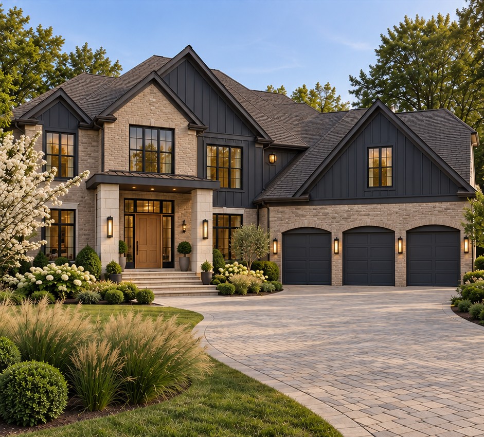 Contemporary gabled exterior concept with charcoal siding, warm masonry and dark garage doors
