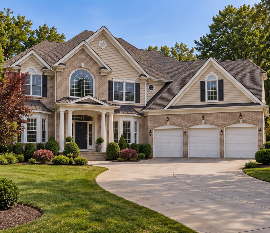 Large beige gabled house with white garage doors, white trim and sparse foundation planting
