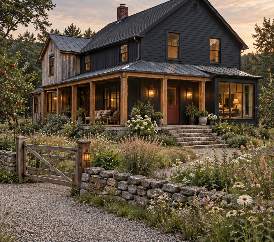 Country retreat concept with charcoal siding, timber porch details and a stone garden wall