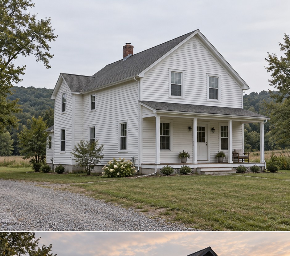White farmhouse with simple porch posts and sparse planting beside a gravel drive