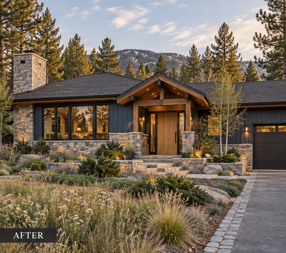 Craftsman exterior concept with substantial timber entry details, stone walls and ornamental garden planting