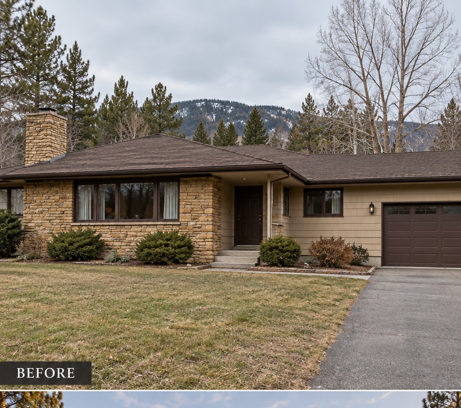 Low stone house with a plain covered entrance, brown garage door and sparse lawn