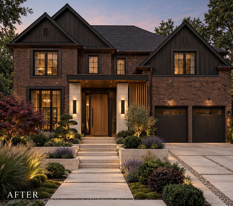 Dark contemporary exterior concept with charcoal siding, textured masonry, timber accents and dark garage doors