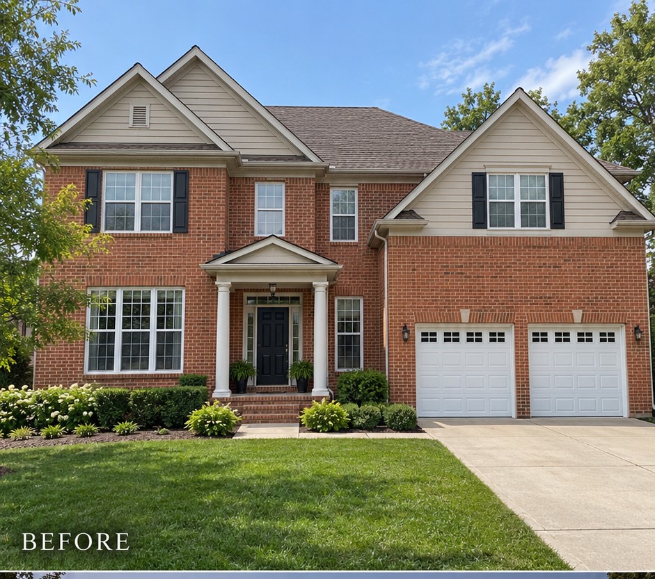 Red-brick two-story house with pale gable siding and white garage doors