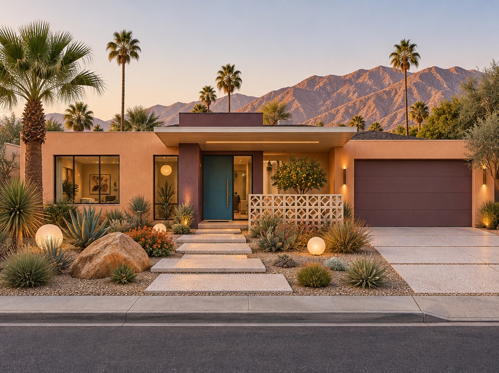 Desert contemporary concept with warm stucco, a wood front door, dark garage door and textured low planting
