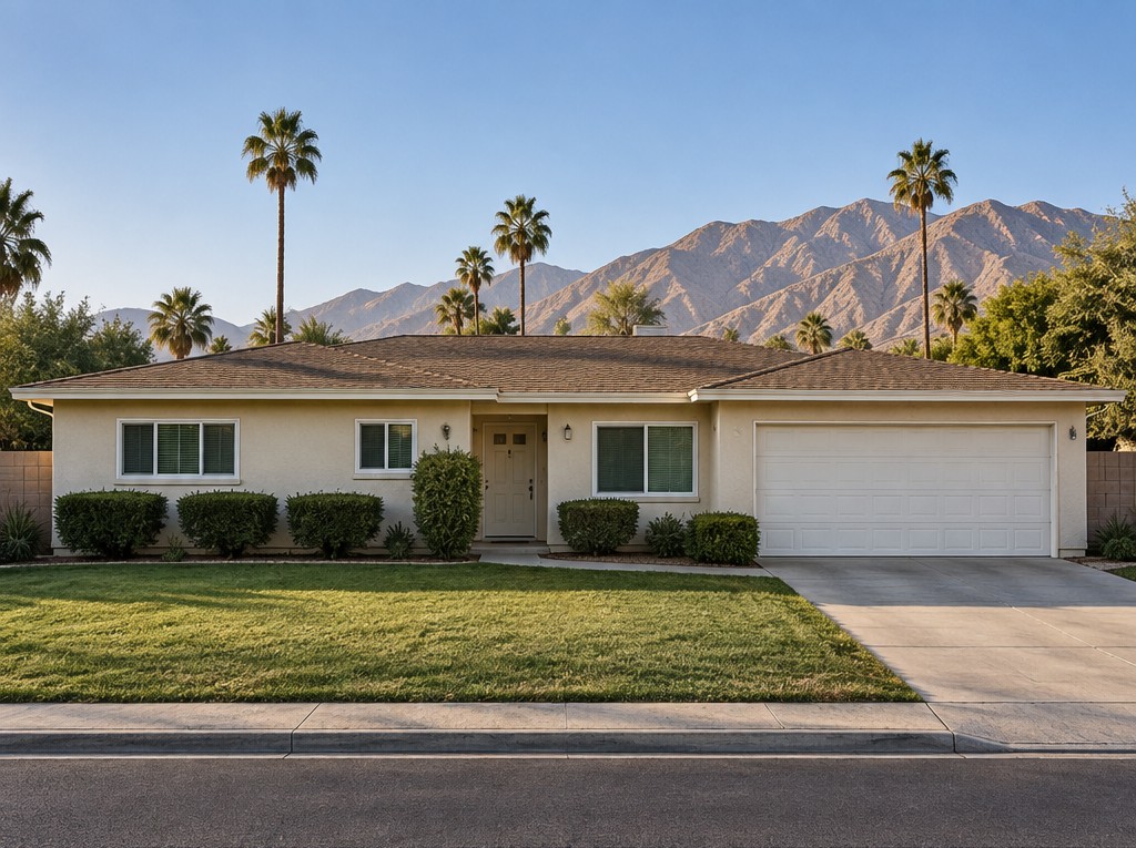 Pale desert ranch with white windows, a white garage door and a simple lawn