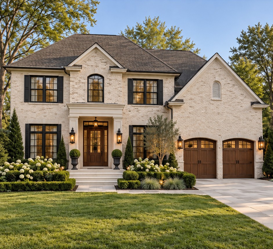 Colonial exterior concept with pale brick, stained wood garage doors, dark shutters and a framed entrance