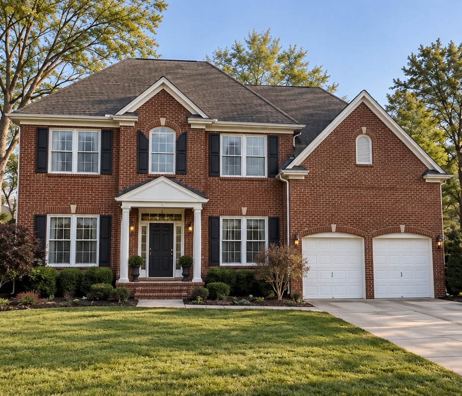 Red-brick colonial house with white garage doors and a small central entrance