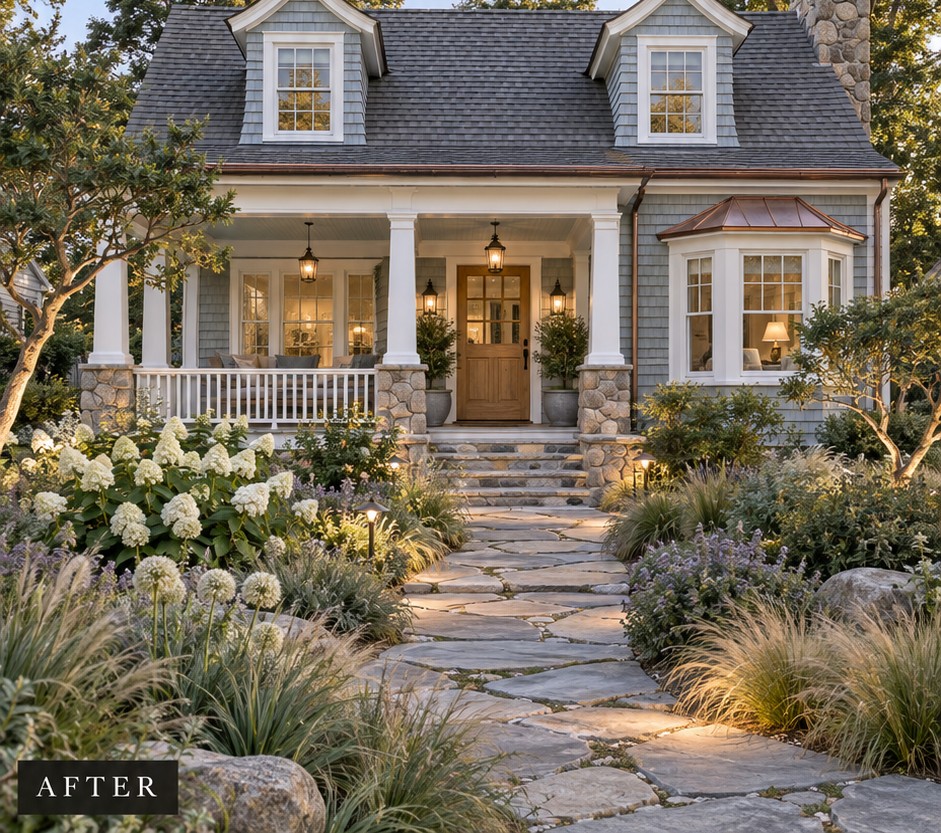 Cottage exterior concept with cream porch columns, warm entry lighting and a stone garden path