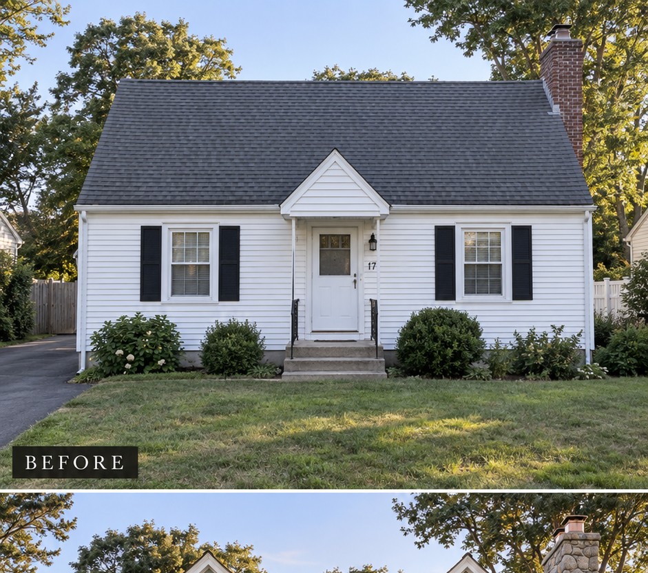 Small white cottage with dark shutters and a basic centered front door