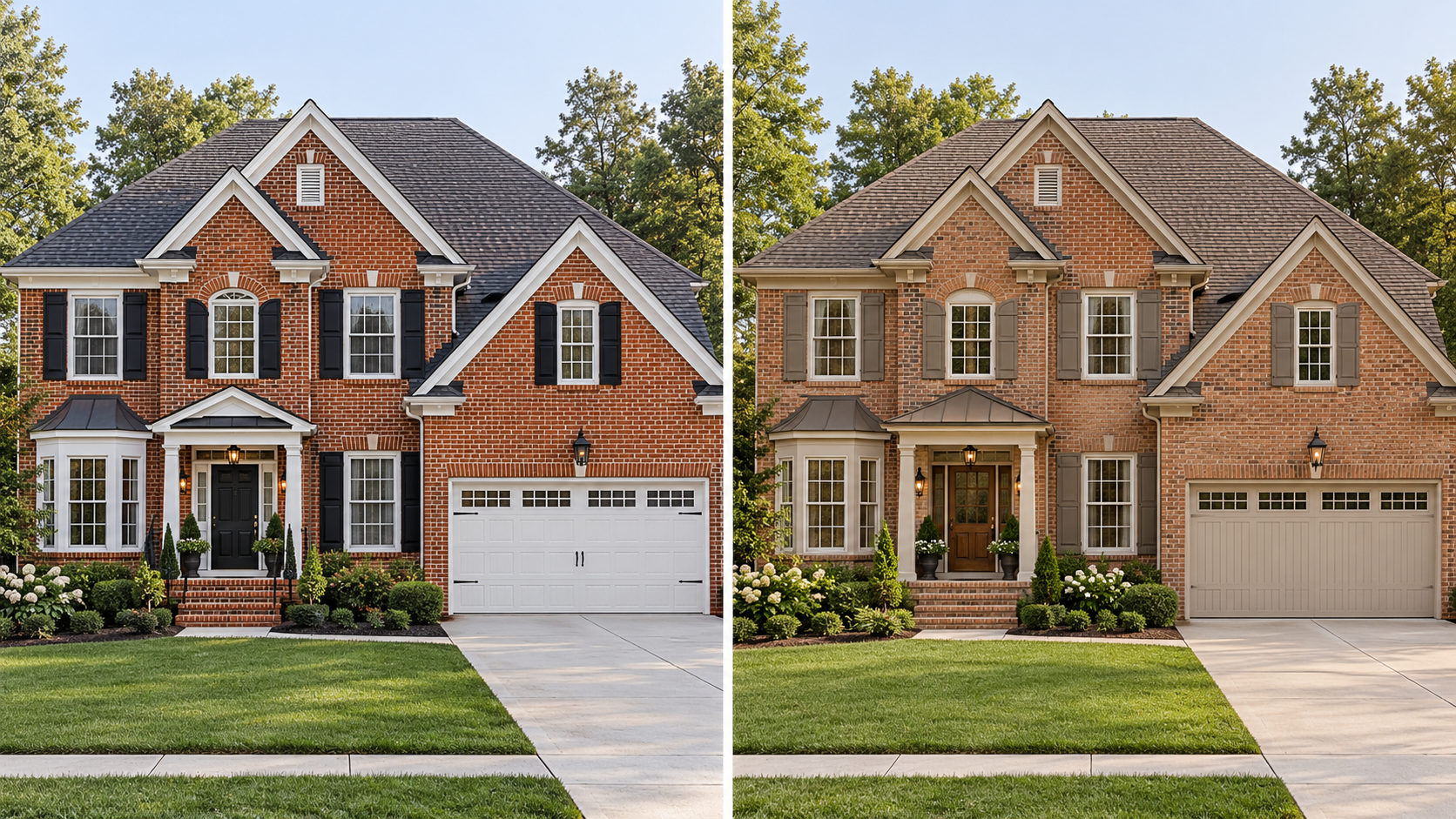 Two versions of a traditional house comparing competing finishes with a simplified warm exterior palette