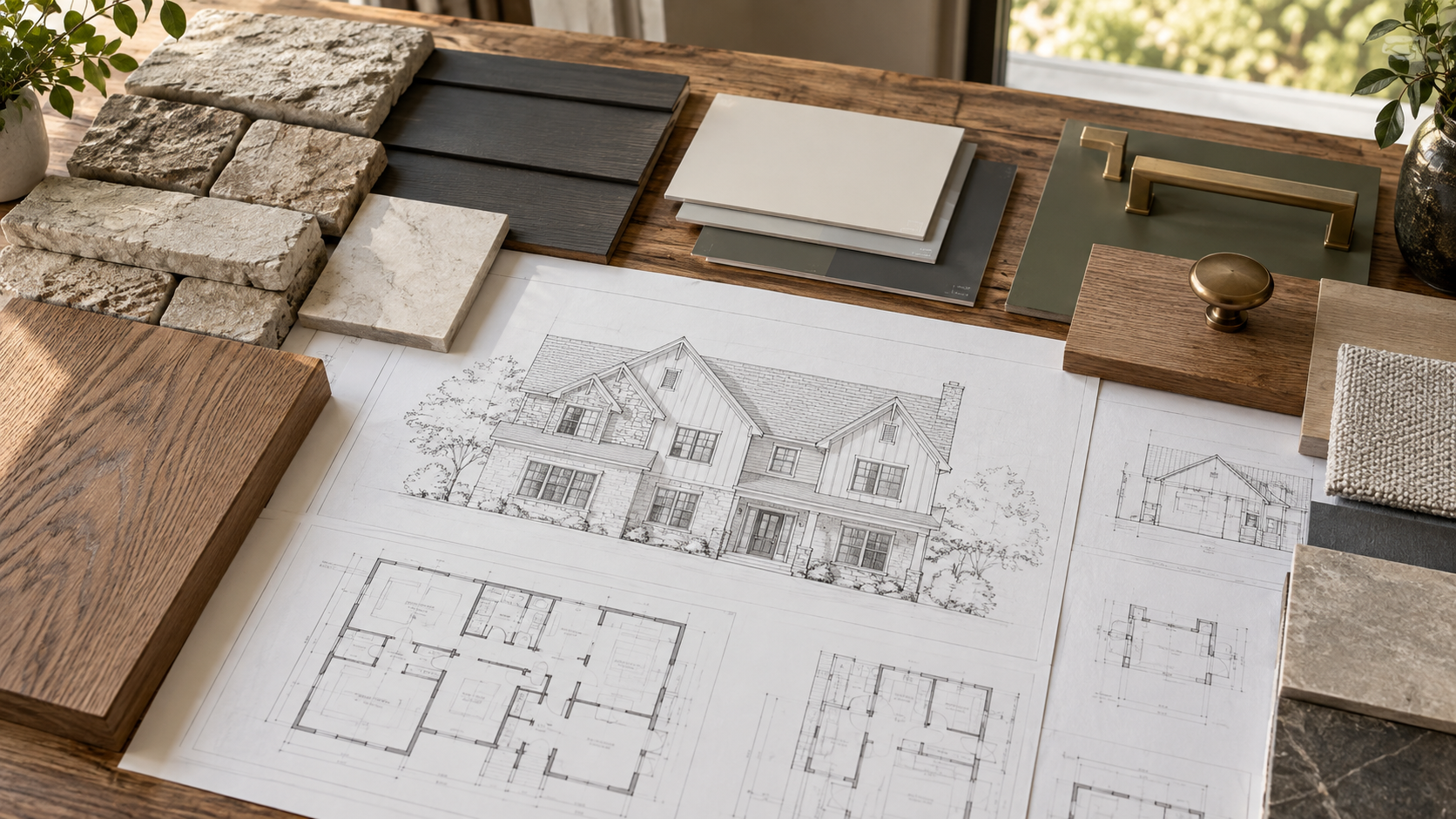 Technical residential drawings beside exterior siding, masonry, wood and hardware samples