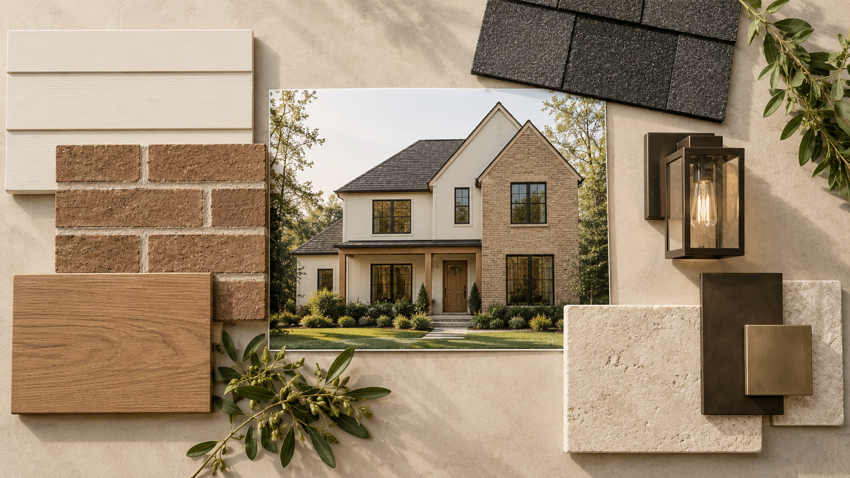 Exterior renovation samples including siding, brick, wood, stone, roofing and bronze metal