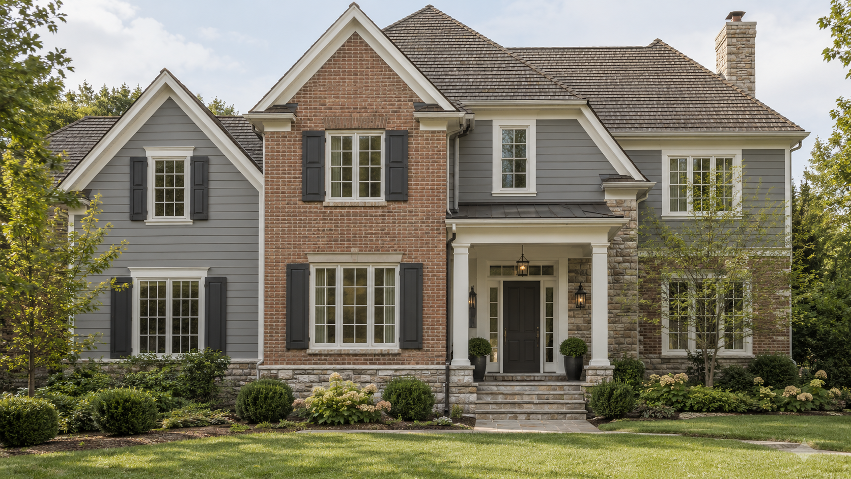 Suburban exterior concept with small entrance lights, bright trim and competing brick, stone and gray siding