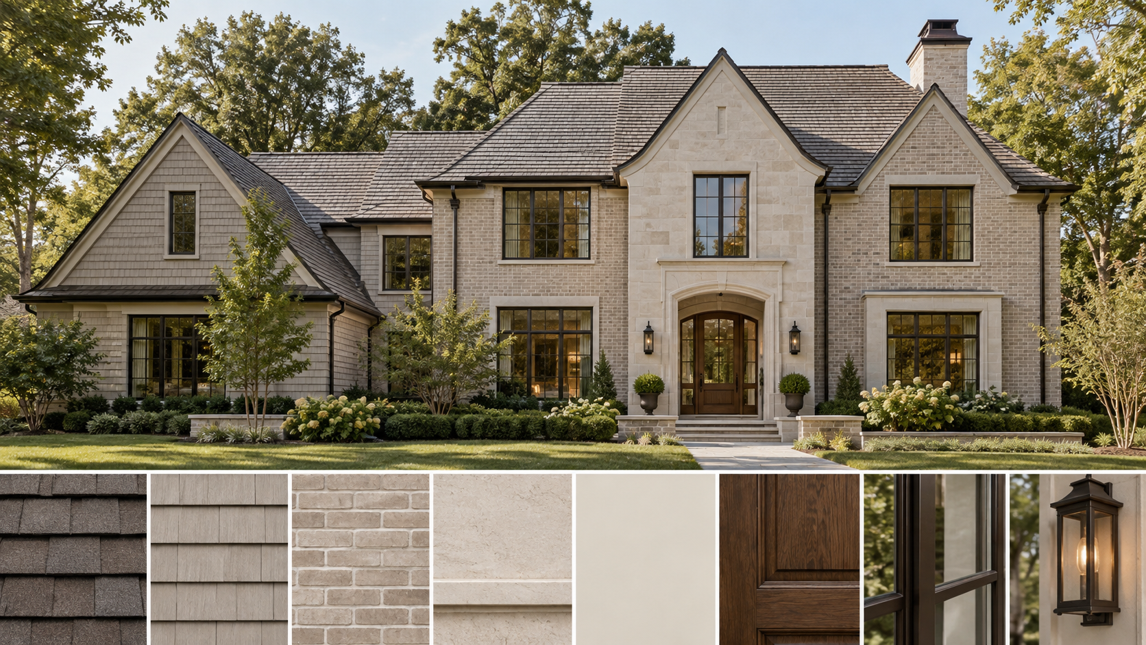 Roof shingles, siding, masonry, wood and metal finishes arranged with a residential elevation sketch