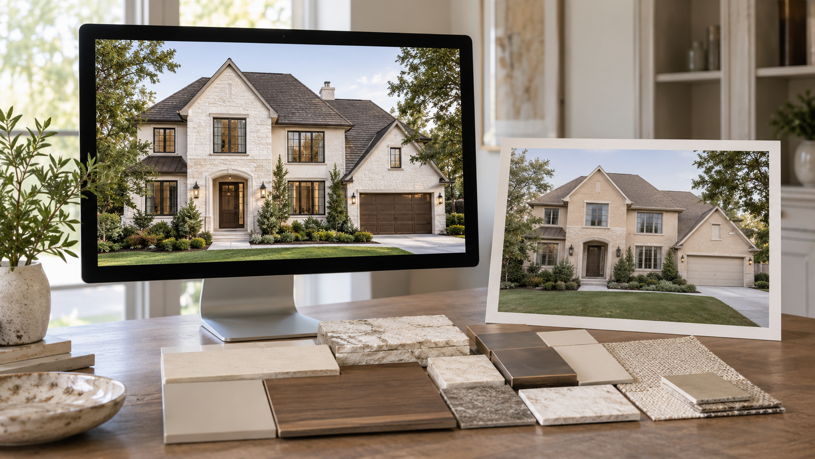 Exterior redesign on a studio monitor beside a printed existing-house photograph and corresponding finish samples