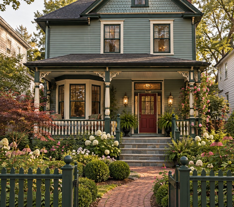 Heritage exterior concept with muted green siding, warm trim, a red front door and a planted porch garden
