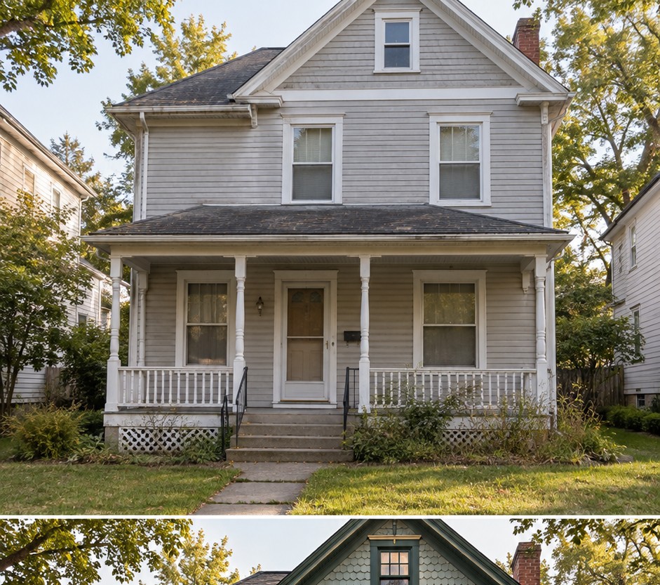 Gray heritage house with white trim, a narrow porch and basic foundation shrubs