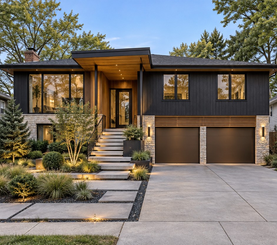 Split-level exterior concept with charcoal siding, a wood entry canopy and landscaped stone steps