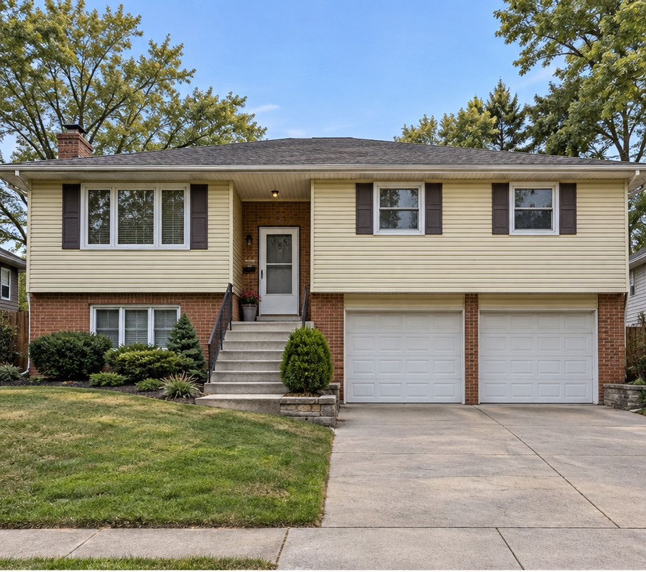 Beige split-level house with white garage doors, dark shutters and simple front steps