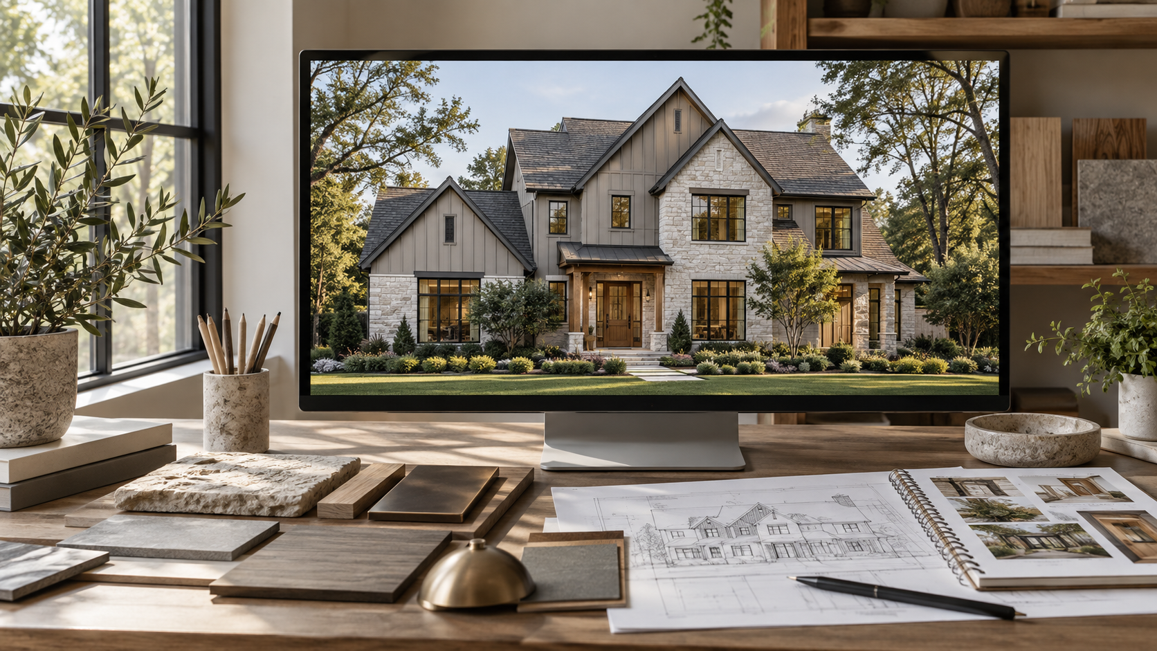 Studio desk with exterior visualization on a monitor and physical siding, stone, wood and metal samples