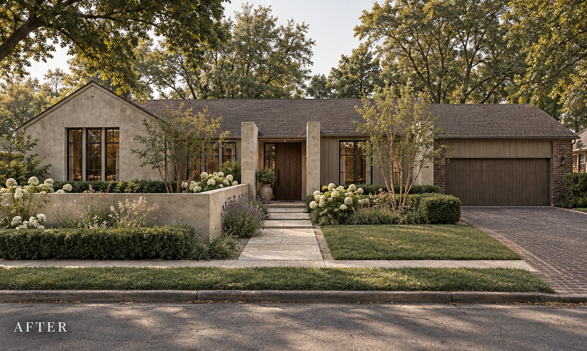 Quiet modern ranch concept with soft neutral walls, dark windows and restrained front garden planting