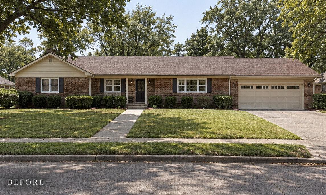 Long low brick ranch with a recessed door, white windows and a light garage door